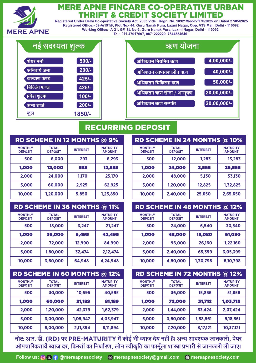 First page of the Mere Apne investment brochure showing membership fees, loan limits and Recurring Deposit rate tables