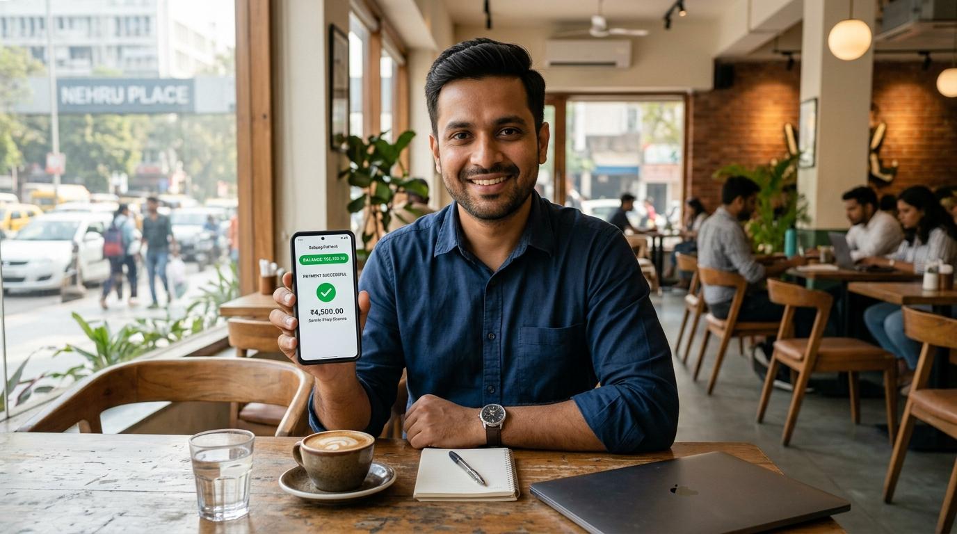 Delhi member using modern cooperative mobile banking in Nehru Place