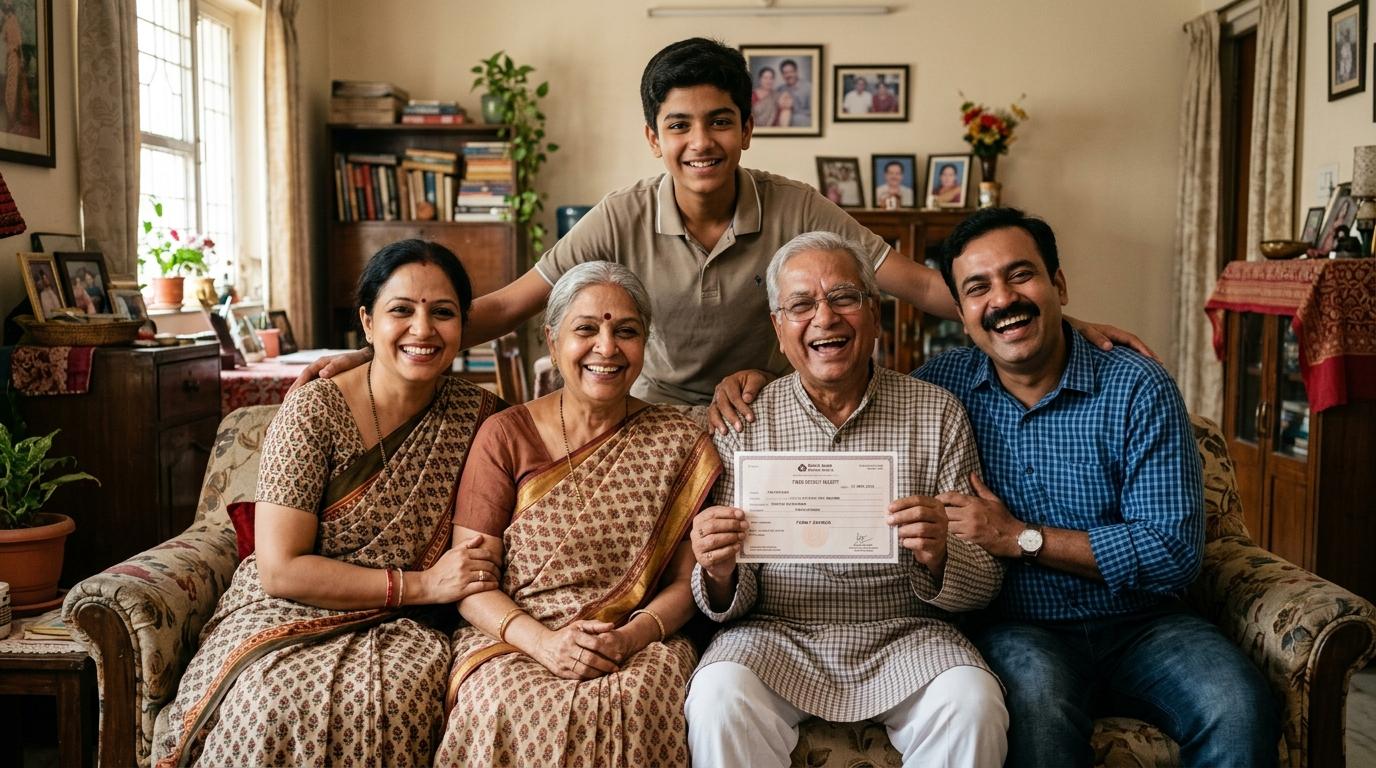 Proud three-generation Indian family holding their society term deposit certificate