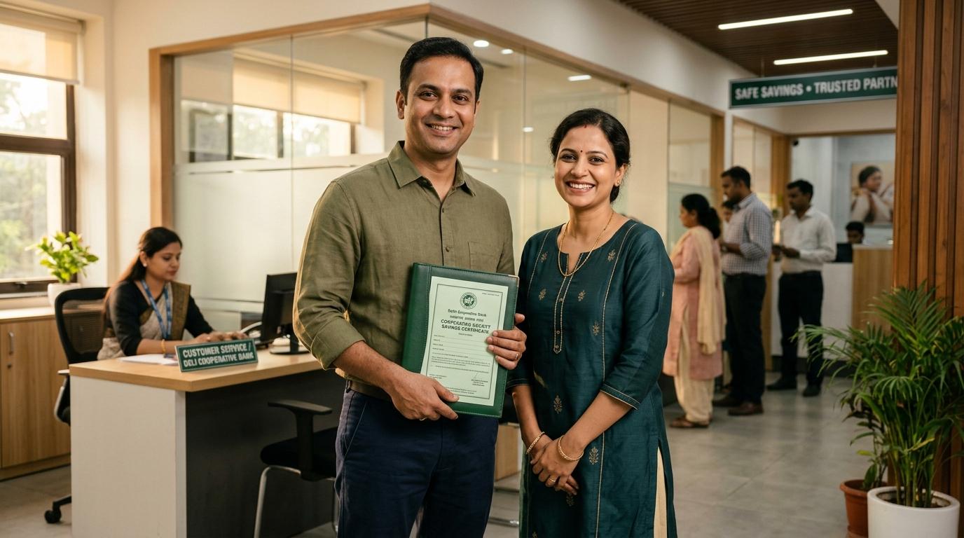 Indian couple with cooperative society savings certificate in Delhi branch office